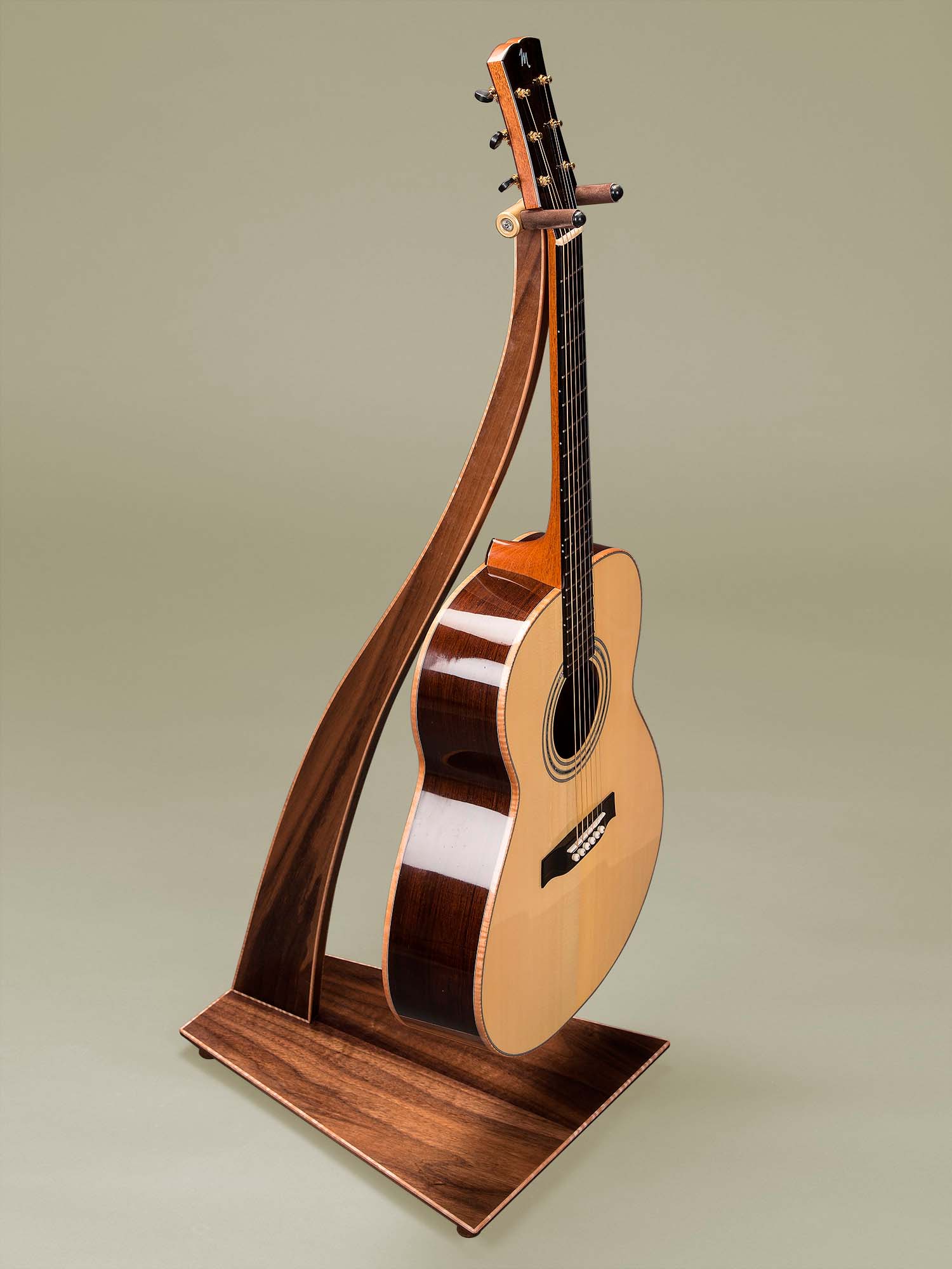 SM Guitar Stand in Walnut with Curly Maple Binding.