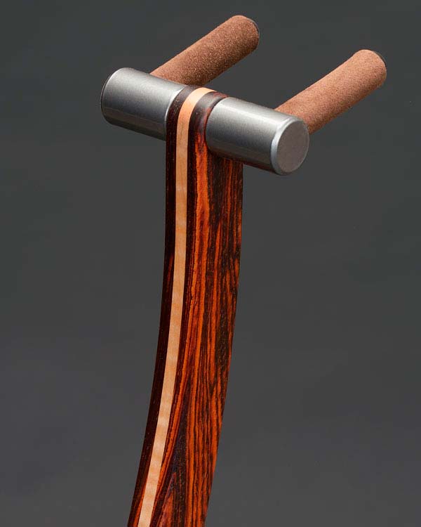 Cocobolo with curly maple inlay. Dark chrome powdercoating.